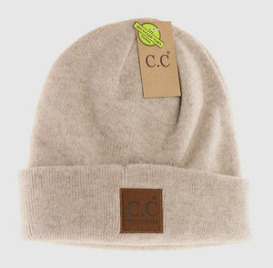 C.C Unisex Soft Ribbed Leather Patch Beanie